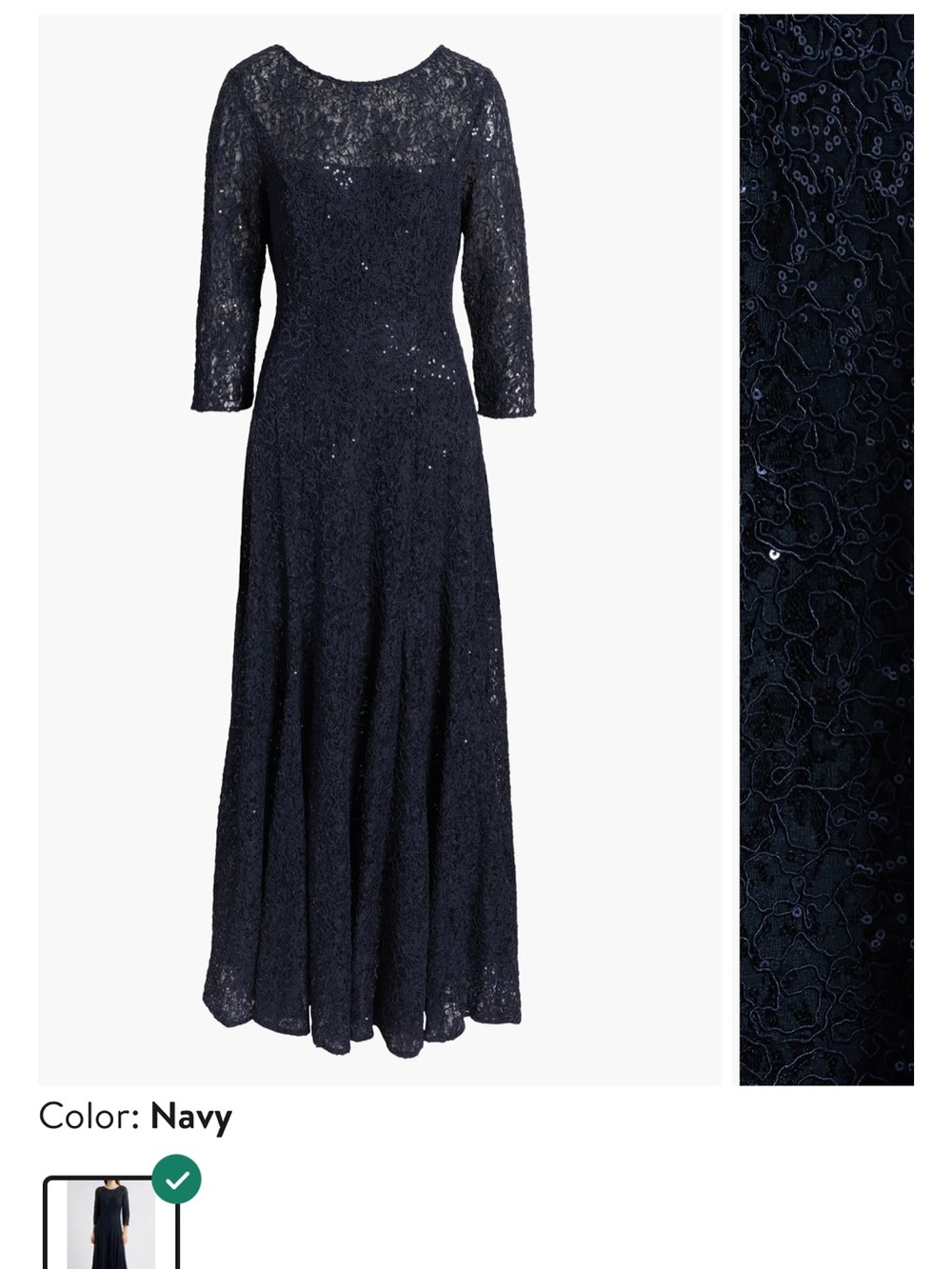 Tahari Elegant Navy Lace Evening Dress with Three-Quarter Sleeves